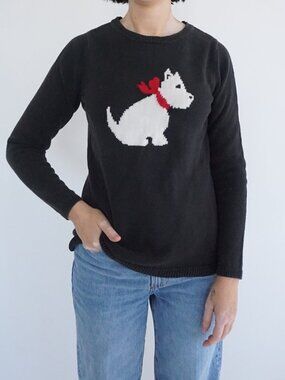 Croft Barrow Black Knit White Dog Red Scarf Intarsia Holiday Sweater S